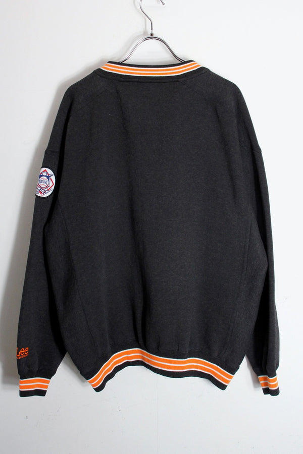 90'S NY METS MLB V NECK SWEATSHIRT / BLACK/ORANGE [SIZE: XL Equivalent USED]