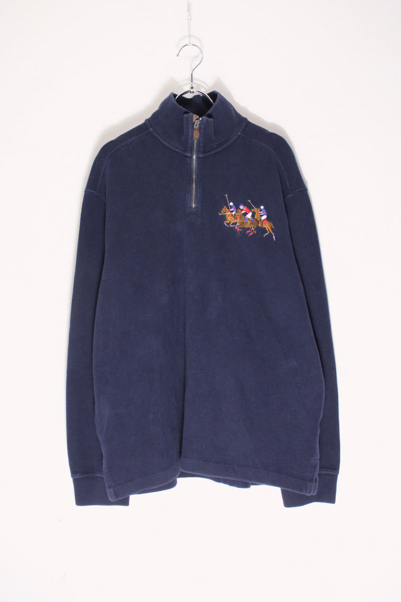 90'S HALF-ZIP EMBROIDERY KNIT SWEATER / NAVY [SIZE: L USED]