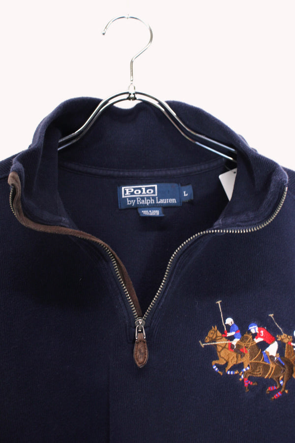 90'S HALF-ZIP EMBROIDERY KNIT SWEATER / NAVY [SIZE: L USED]