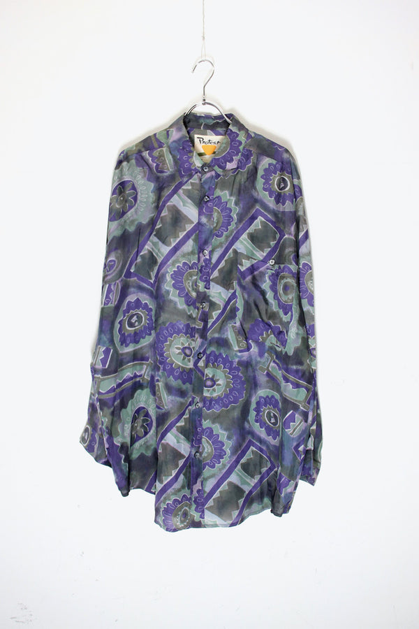 90s L/S ART DESIGN SILK SHIRT / PURPLE [SIZE: L USED]