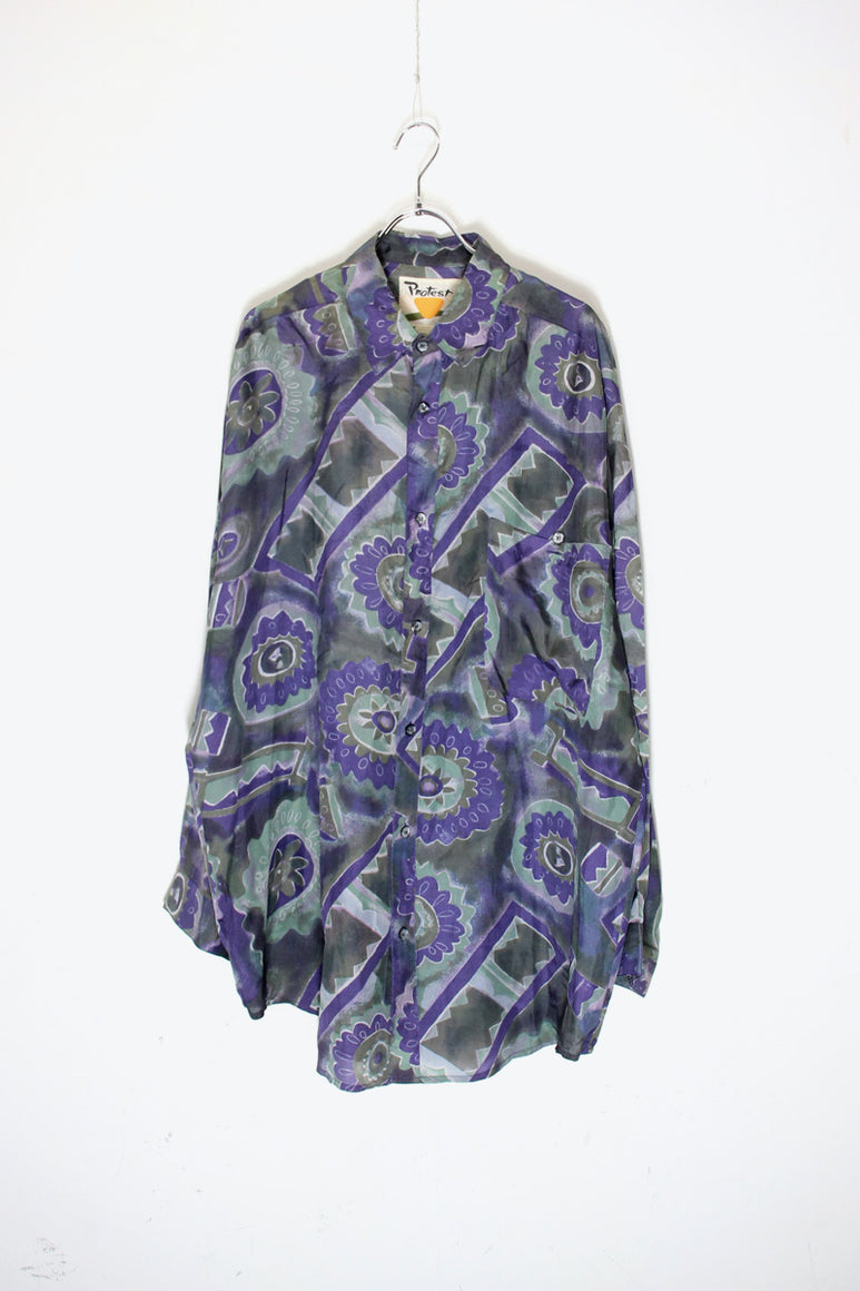 90'S L/S ART DESIGN SILK SHIRT / PURPLE [SIZE: L USED]