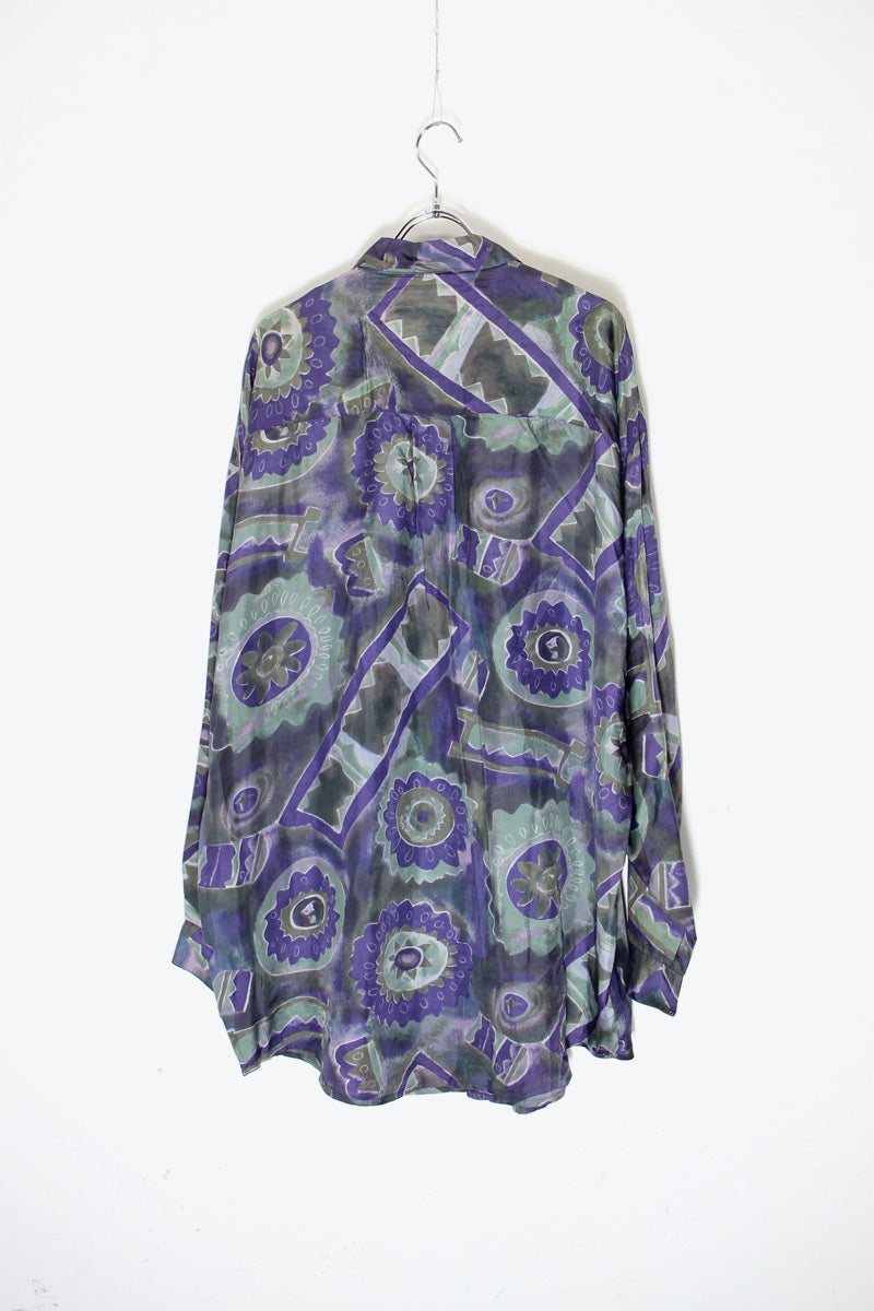 90s L/S ART DESIGN SILK SHIRT / PURPLE [SIZE: L USED]