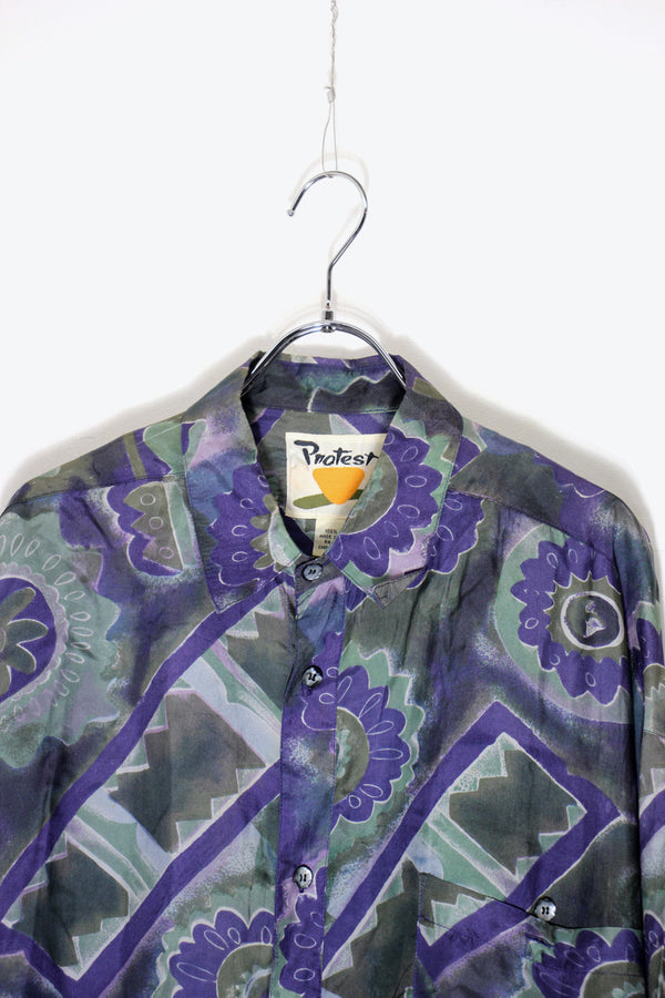 90s L/S ART DESIGN SILK SHIRT / PURPLE [SIZE: L USED]