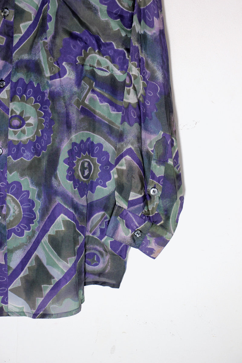 90s L/S ART DESIGN SILK SHIRT / PURPLE [SIZE: L USED]
