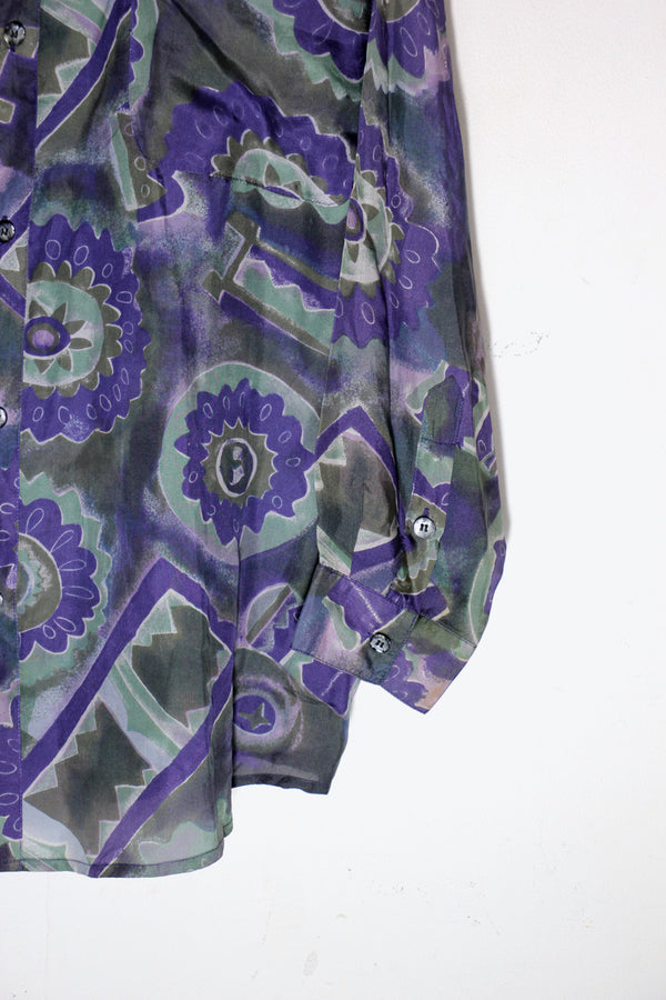 90s L/S ART DESIGN SILK SHIRT / PURPLE [SIZE: L USED]