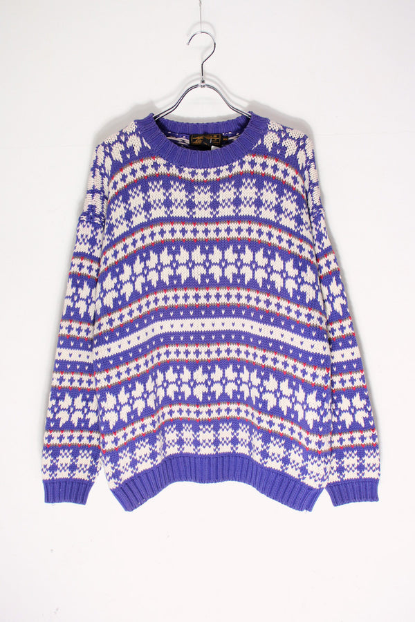 90'S FAIR ISLE COTTON KNIT SWEATER / PURPLE/WHITE [SIZE: M USED]