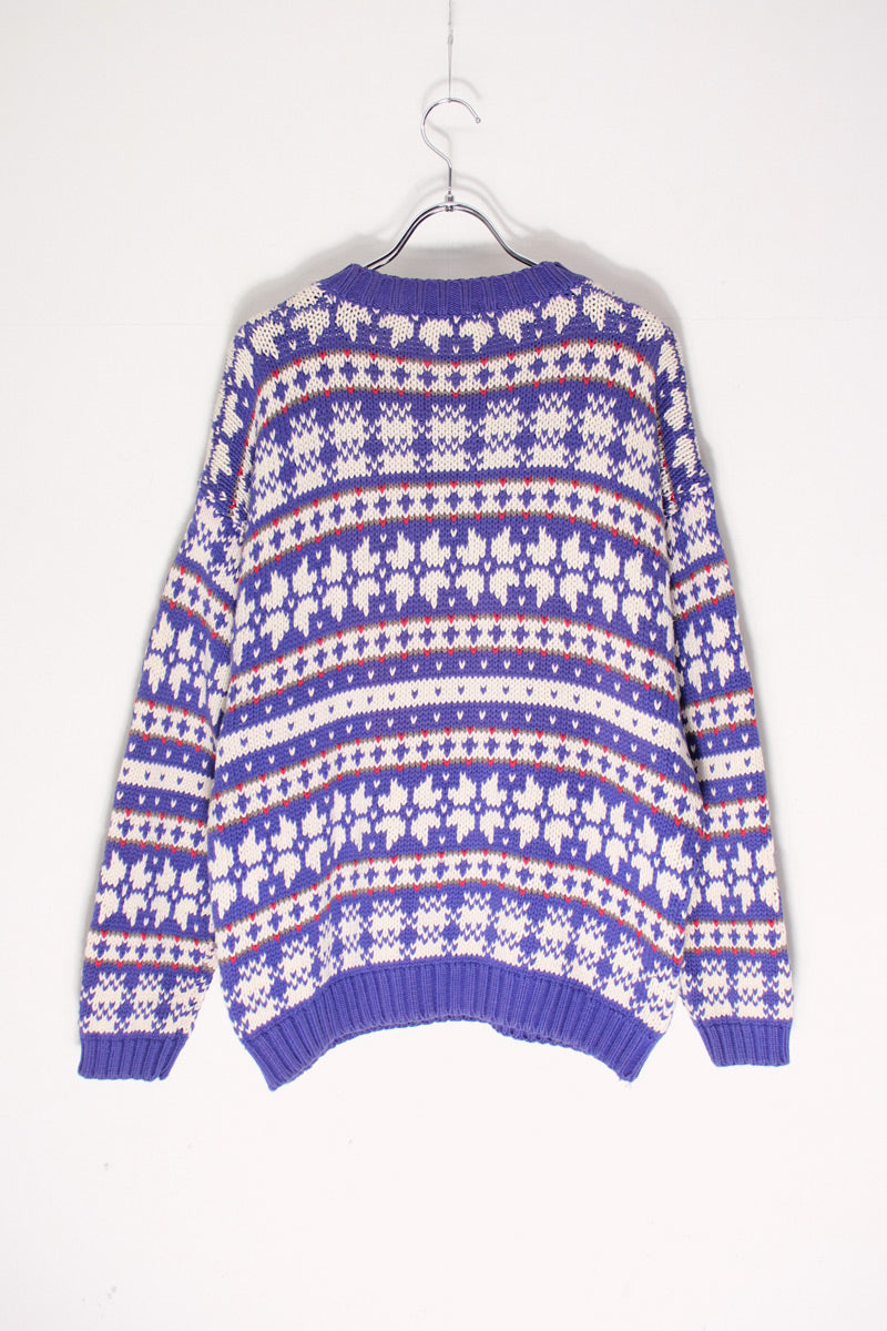 90'S FAIR ISLE COTTON KNIT SWEATER / PURPLE/WHITE [SIZE: M USED]
