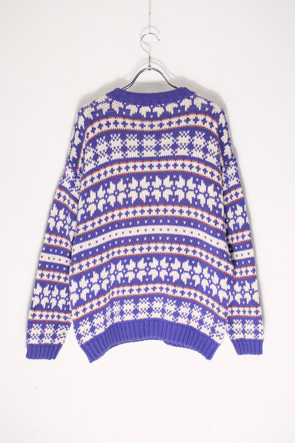 90'S FAIR ISLE COTTON KNIT SWEATER / PURPLE/WHITE [SIZE: M USED]
