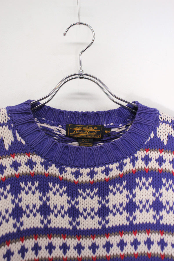 90'S FAIR ISLE COTTON KNIT SWEATER / PURPLE/WHITE [SIZE: M USED]