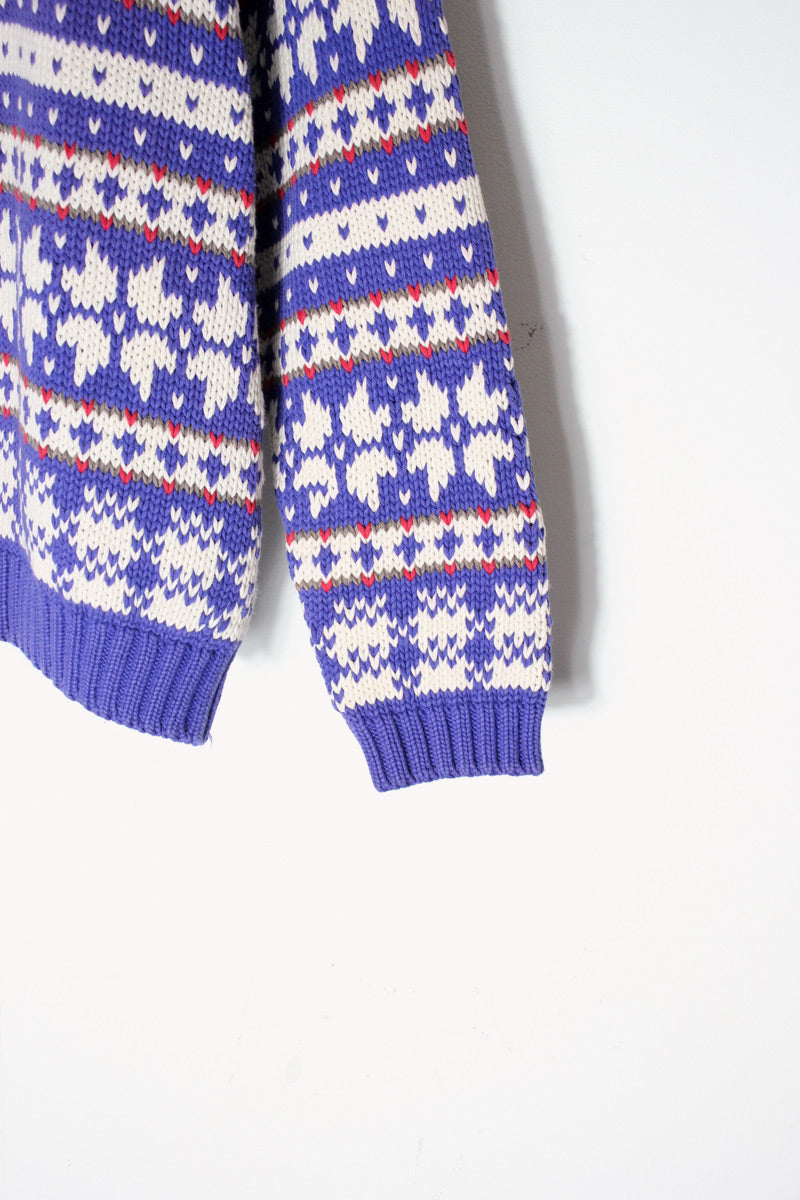 90'S FAIR ISLE COTTON KNIT SWEATER / PURPLE/WHITE [SIZE: M USED]