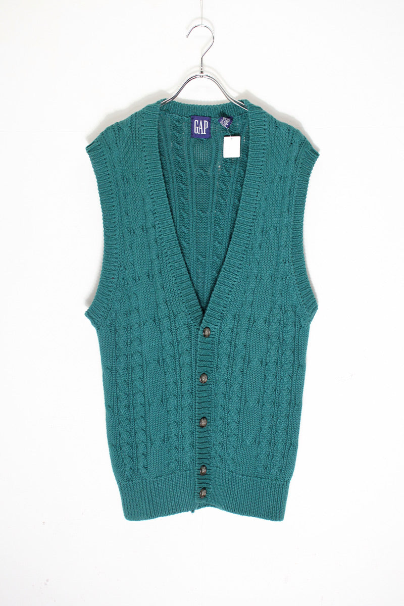 88-90'S COTTON KNIT CARDIGAN VEST / GREEN [SIZE: M USED]