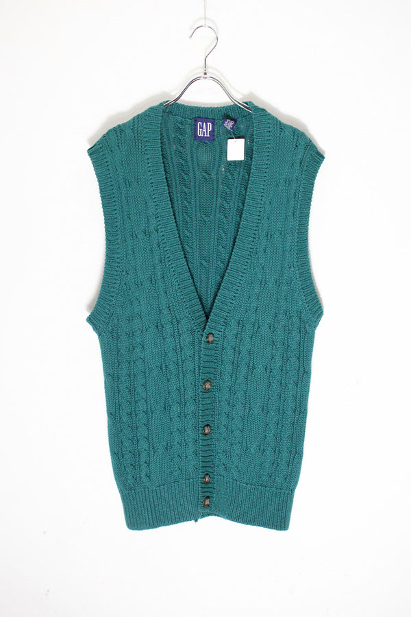 88-90'S COTTON KNIT CARDIGAN VEST / GREEN [SIZE: M USED]