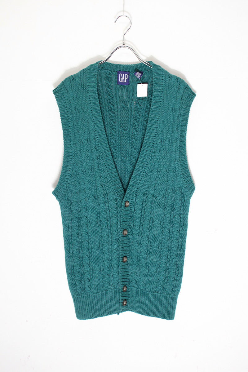 90'S COTTON KNIT CARDIGAN VEST / GREEN [SIZE: M USED]