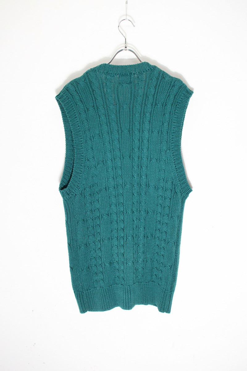 88-90'S COTTON KNIT CARDIGAN VEST / GREEN [SIZE: M USED]