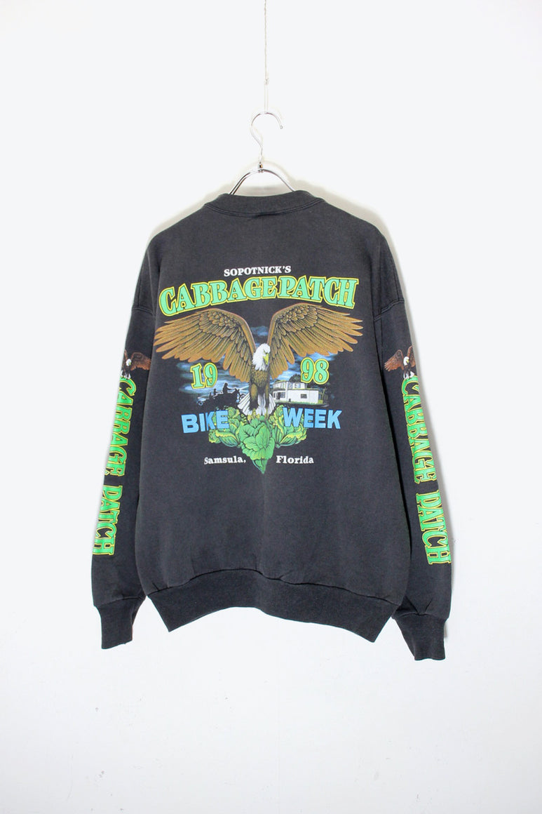 MADE IN USA 98'S CABBAGE PATCH BACK PRINT MOTOR CYCLE SWEATSHIRT / BLACK [SIZE: L USED]