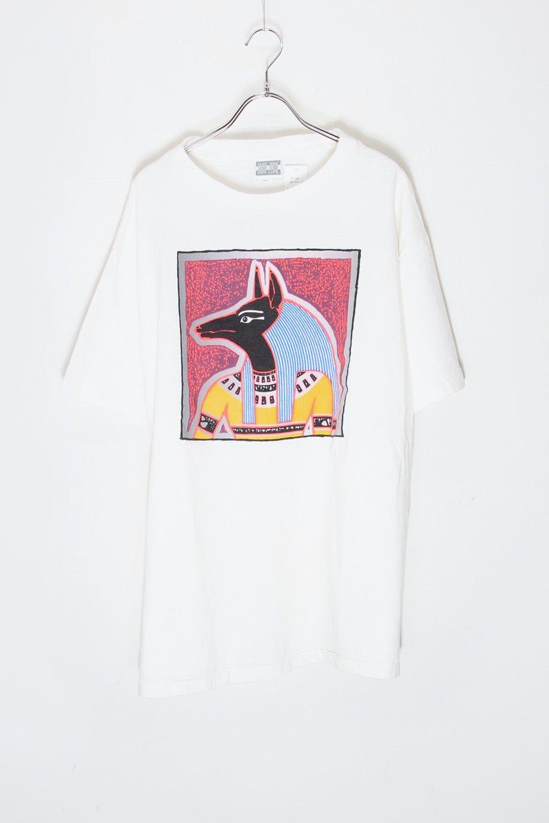 MADE IN USA 90'S S/S ANUBIS RITSS BACK PRINT T-SHIRT / WHITE/PINK [SIZE: L USED]