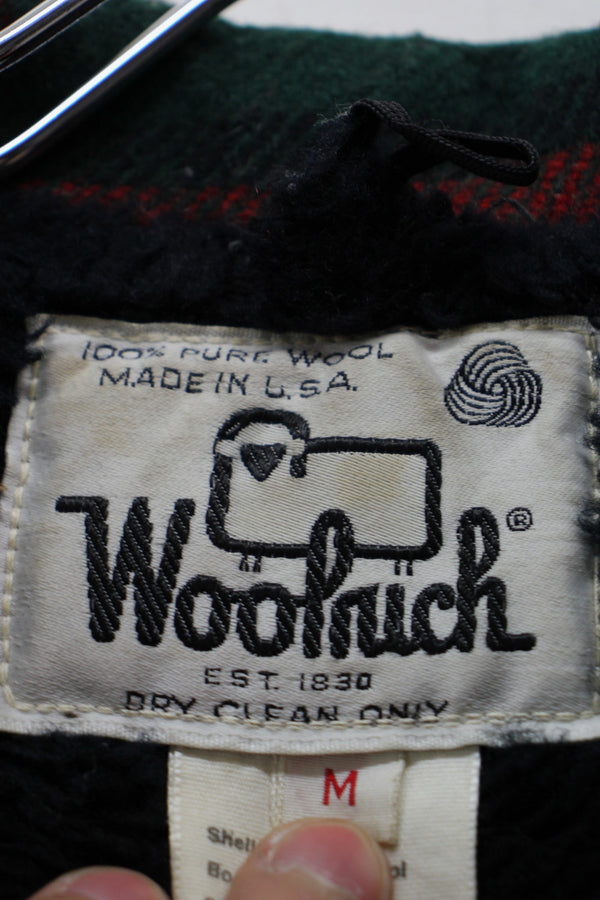 MADE IN USA 80'S CHECK BUTTON WOOL JACKET W/BOA LINER / RED [ SIZE: M USED ]