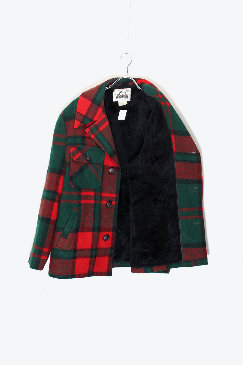MADE IN USA 80'S CHECK BUTTON WOOL JACKET W/BOA LINER / RED [ SIZE: M USED ]