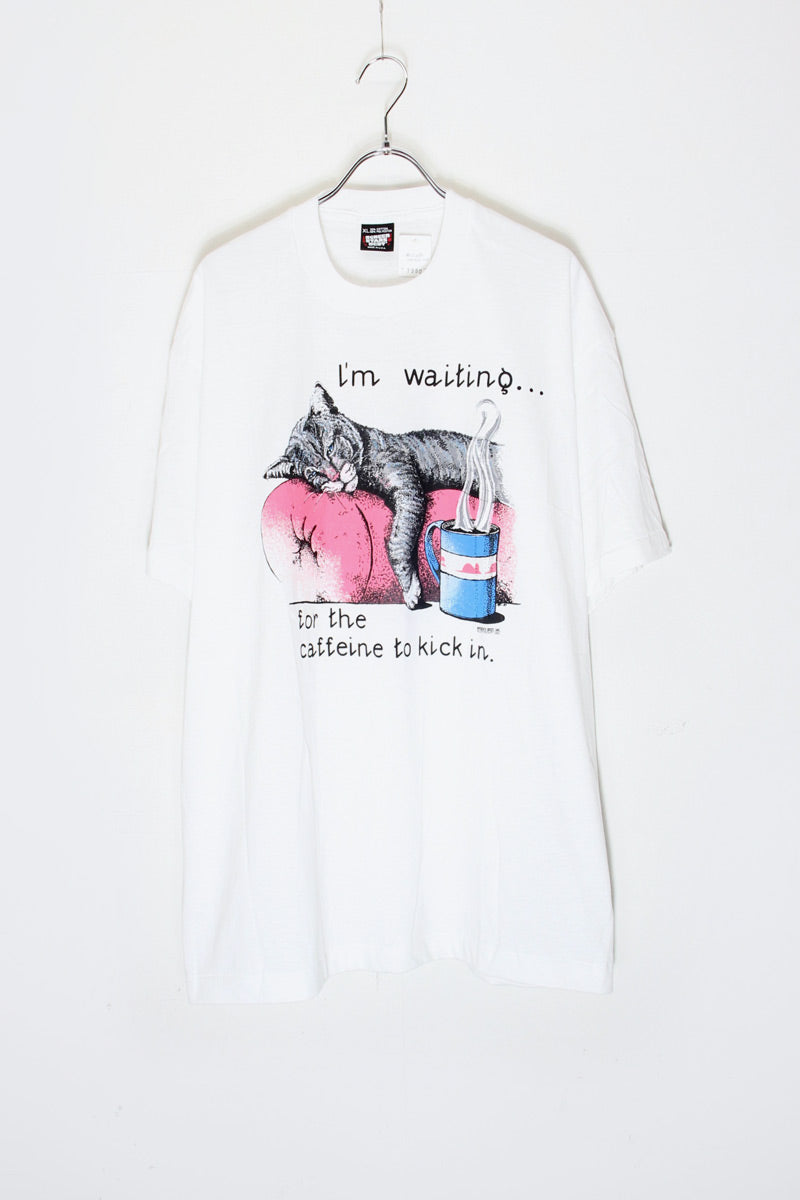 MADE IN USA 92'S S/S I'M WAITING CAT PRINT ANIMAL T-SHIRT / WHITE [SIZE: XL DEADSTOCK/NOS]