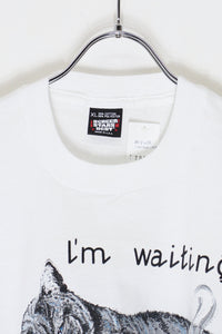 MADE IN USA 92'S S/S I'M WAITING CAT PRINT ANIMAL T-SHIRT / WHITE [SIZE: XL DEADSTOCK/NOS]