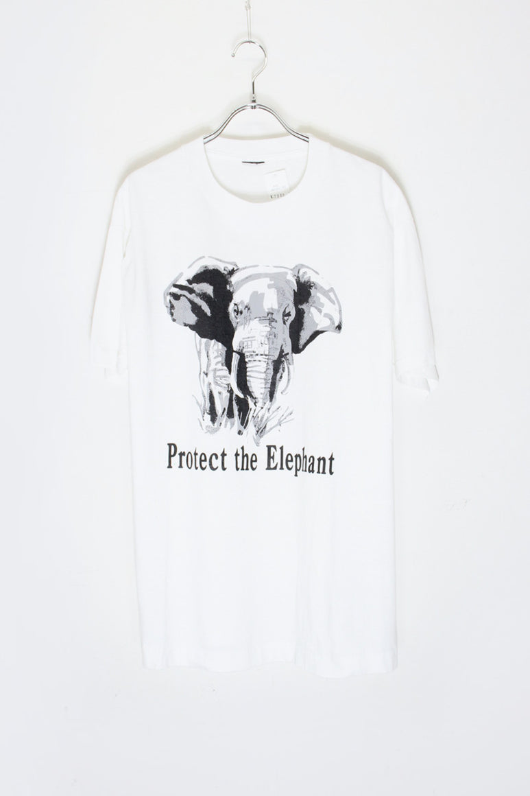 90'S S/S ELEPHANT PRINT ANIMAL T-SHIRT / WHITE [SIZE: XL相当 USED]