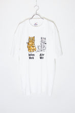 画像をギャラリービューアに読み込む, MADE IN USA 90&#39;S S/S WORK TWO CAT PRINT ANIMAL T-SHIRT / WHITE [SIZE: XL DEADSTOCK/NOS]
