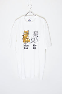 MADE IN USA 90'S S/S WORK TWO CAT PRINT ANIMAL T-SHIRT / WHITE [SIZE: XL DEADSTOCK/NOS]