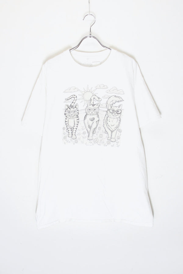 90'S S/S THREE CATS WITH GLASSES PRINT ANIMAL T-SHIRT / WHITE [SIZE: L Equivalent USED]
