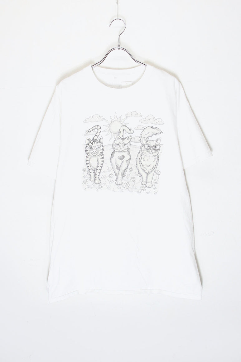 90'S S/S THREE CATS WITH GLASSES PRINT ANIMAL T-SHIRT / WHITE [SIZE: L相当 USED]