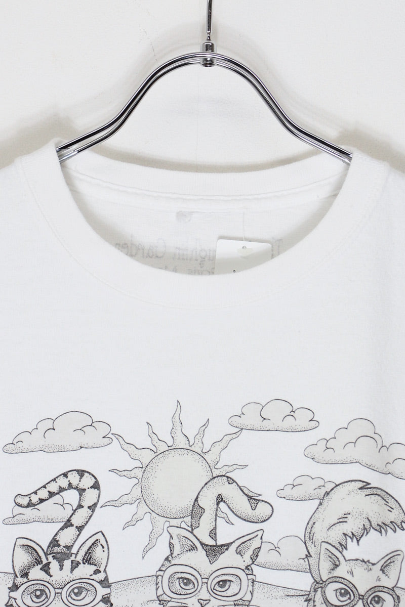 90'S S/S THREE CATS WITH GLASSES PRINT ANIMAL T-SHIRT / WHITE [SIZE: L Equivalent USED]