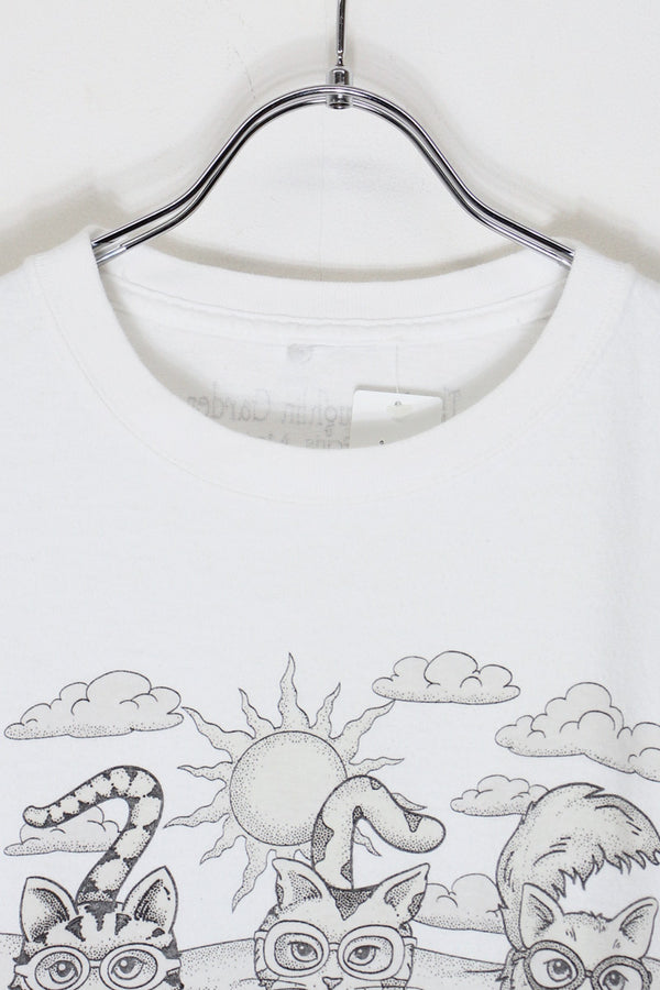 90'S S/S THREE CATS WITH GLASSES PRINT ANIMAL T-SHIRT / WHITE [SIZE: L Equivalent USED]