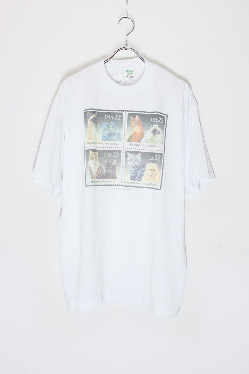 80'S S/S CATS STAMP POSTAL SERVICE PRINT ANIMAL T-SHIRT / WHITE [SIZE: XL DEADSTOCK/NOS]