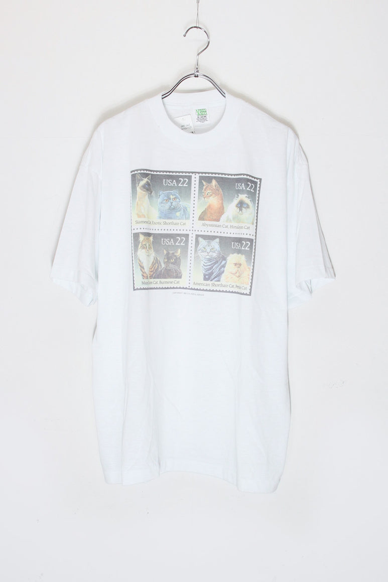 80'S S/S CATS STAMP POSTAL SERVICE PRINT ANIMAL T-SHIRT / WHITE [SIZE: XL DEADSTOCK/NOS]