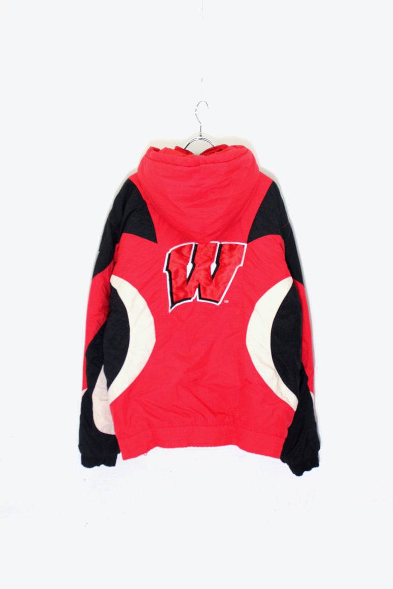90'S WISCONSIN BACK EMBROIDERY HALF ZIP PULLOVER PUFF JACKET / RED / BLACK［SIZE: M USED ]