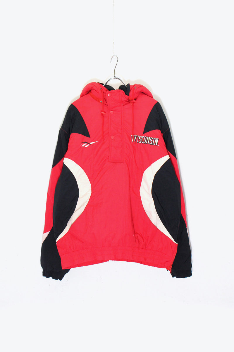 90'S WISCONSIN BACK EMBROIDERY HALF ZIP PULLOVER PUFF JACKET / RED / BLACK [SIZE: M USED]