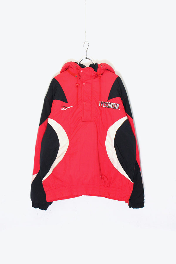 90'S WISCONSIN BACK EMBROIDERY HALF ZIP PULLOVER PUFF JACKET / RED / BLACK [SIZE: M USED]