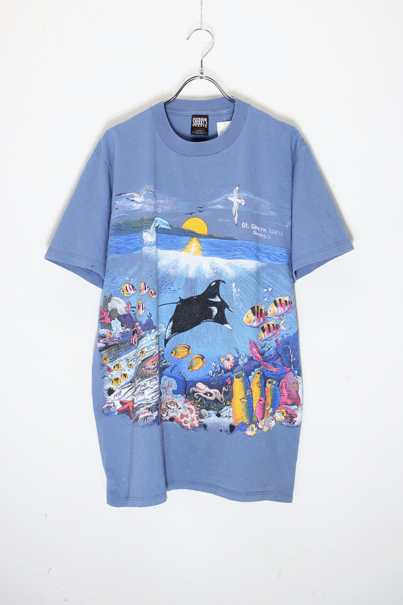 MADE IN USA 90'S S/S OCEAN PRINT T-SHIRT / DUSTY BLUE [SIZE: L USED]