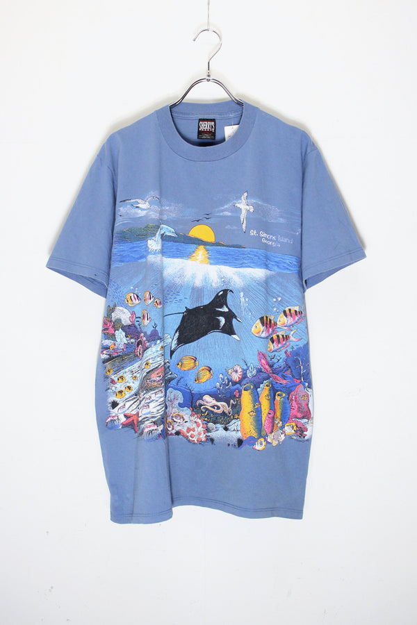 MADE IN USA 90'S S/S OCEAN PRINT T-SHIRT / DUSTY BLUE [SIZE: L USED]