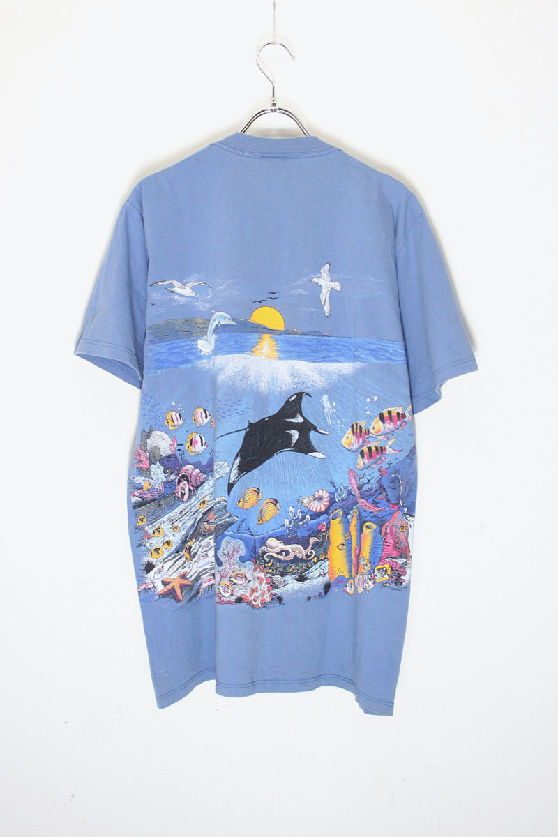 MADE IN USA 90'S S/S OCEAN PRINT T-SHIRT / DUSTY BLUE [SIZE: L USED]