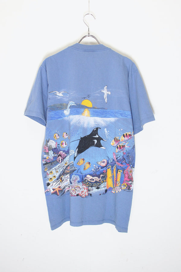 MADE IN USA 90'S S/S OCEAN PRINT T-SHIRT / DUSTY BLUE [SIZE: L USED]