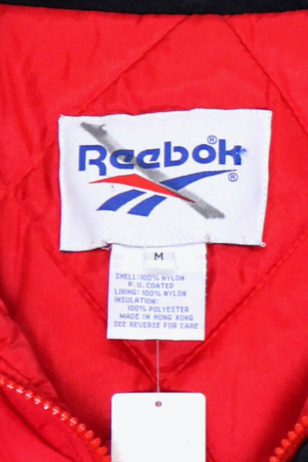 90'S WISCONSIN BACK EMBROIDERY HALF ZIP PULLOVER PUFF JACKET / RED / BLACK [SIZE: M USED]