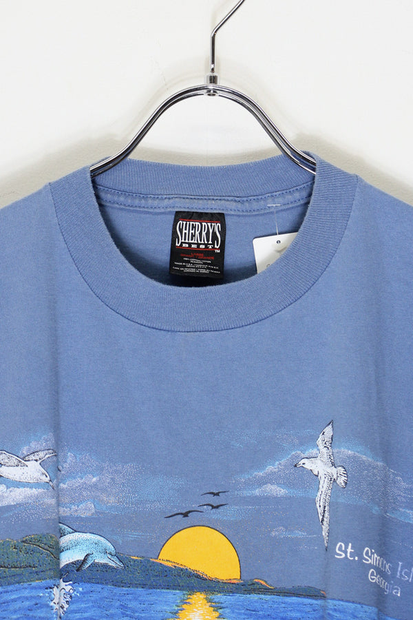 MADE IN USA 90'S S/S OCEAN PRINT T-SHIRT / DUSTY BLUE [SIZE: L USED]