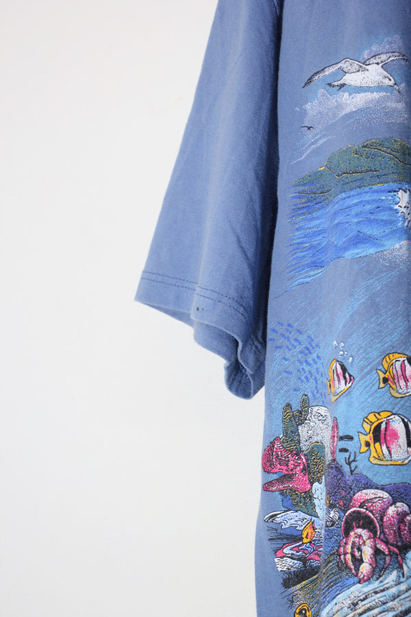 MADE IN USA 90'S S/S OCEAN PRINT T-SHIRT / DUSTY BLUE [SIZE: L USED]