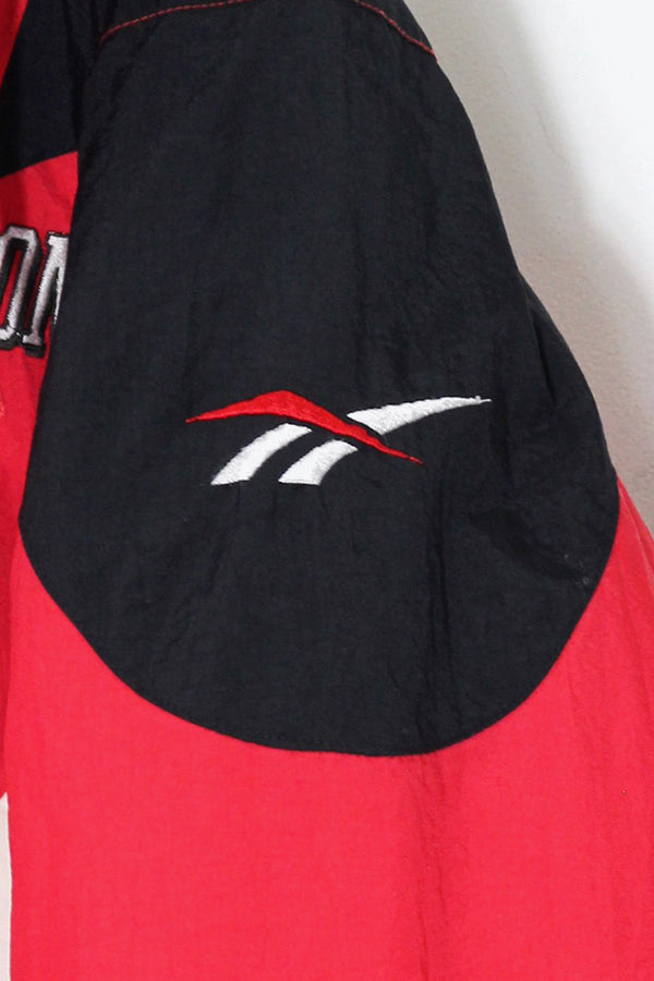 90'S WISCONSIN BACK EMBROIDERY HALF ZIP PULLOVER PUFF JACKET / RED / BLACK [SIZE: M USED]