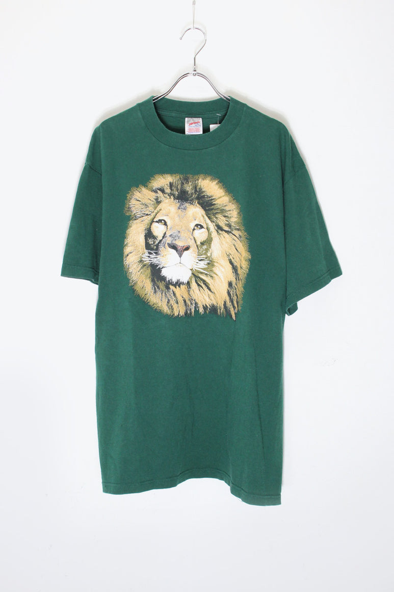 90'S S/S LION FOAM PRINT ANIMAL T-SHIRT / GREEN [SIZE: XL USED]