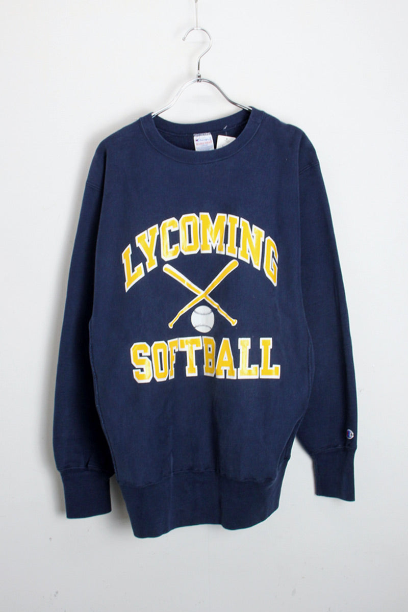 MADE IN USA 90'S LYCOMING SOFTBALL REVERSE WEAVE SWEAT SHIRT / NAVY [SIZE: L USED]