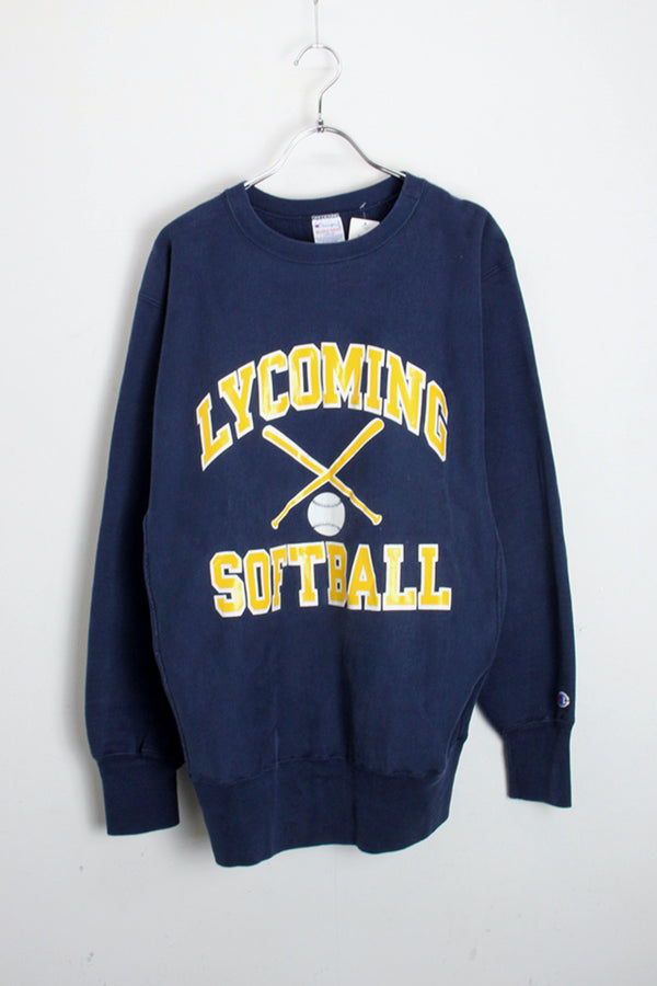 MADE IN USA 90'S LYCOMING SOFTBALL REVERSE WEAVE SWEAT SHIRT / NAVY [SIZE: L USED]