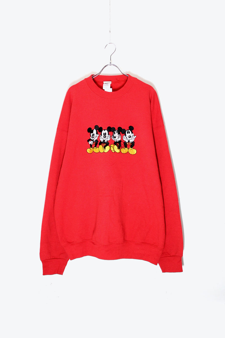 MADE IN USA 90'S MICKEY EMBROIDERY CHARACTER SWEATSHIRT / RED [SIZE: XXL USED]