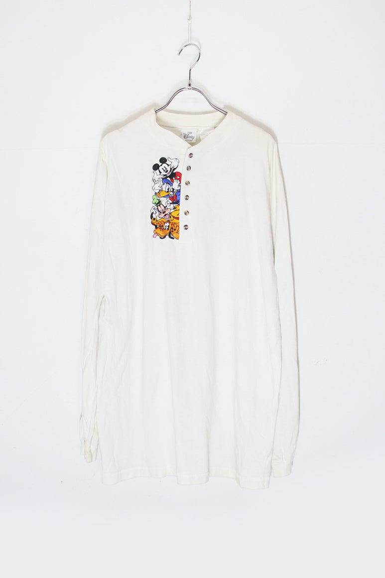 L/S HENLEY NECK EMBROIDERY CHARACTER T-SHIRT / WHITE [SIZE: XL USED]