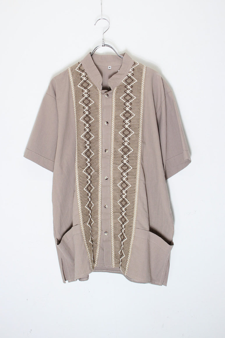 S/S STAND COLLAR CUBA DESIGN COTTON SHIRT / BEIGE [SIZE: M USED]